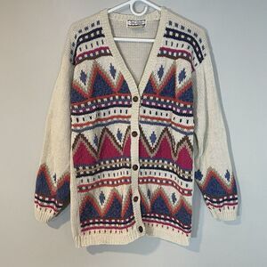 VTG Gina Peters Womens Sweater Cardigan Colorful L Button Aztec Geometric Nordic
